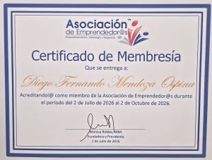 Certificado de membresía oficial de Diego Fernando Mendoza Ospina en la Asociación de Emprendedor@s.