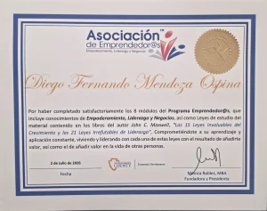 Diploma de Diego Fernando Mendoza Ospina por completar exitosamente el Programa Emprendedor@s en el Condado de San Bernardino.