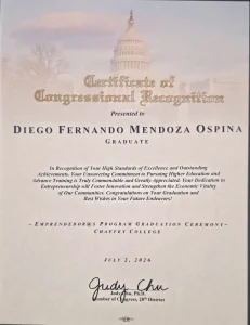 Certificado de reconocimiento del Congreso de los Estados Unidos otorgado por la congresista Judy Chu a Diego Fernando Mendoza Ospina.